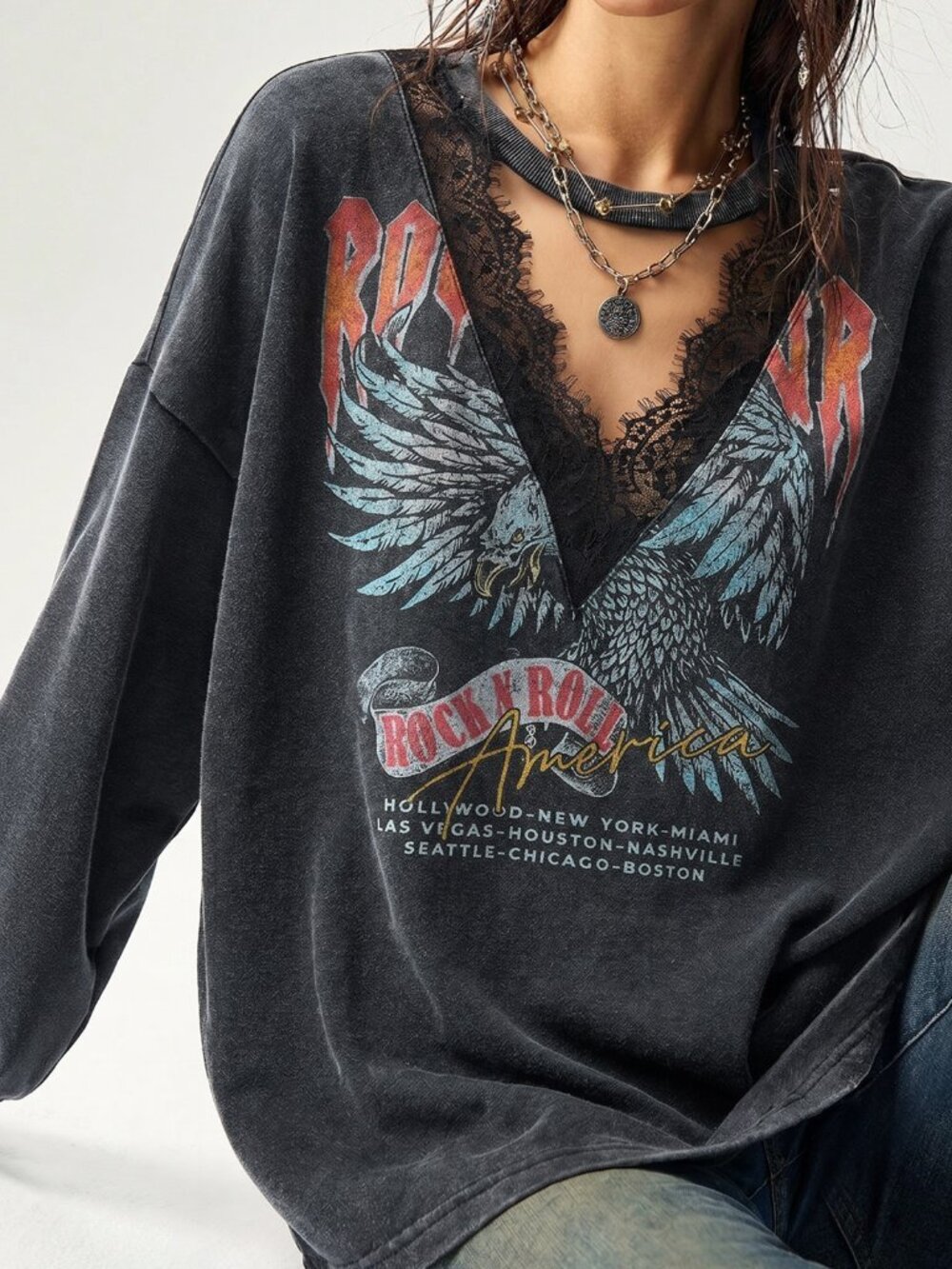 Black Casual Women's Contrast Lace Cut Out Drop Shoulder Pullover Sweatshirt